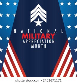 National Military Appreciation Month is celebrated every year in May, Poster, card, banner and background. Vector illustration. banner design with American flag theme and colors, stars, stripes