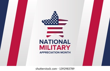 National Military Appreciation Month in May. Annual Armed Forces Celebration Month in United States. Poster, card, banner and background. Vector illustration