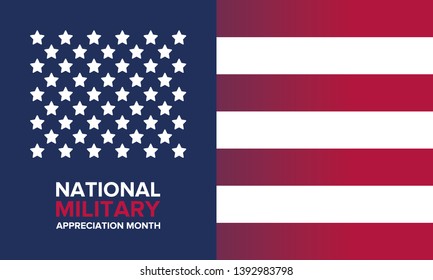 National Military Appreciation Month in May. Annual Armed Forces Celebration Month in United States. Poster, card, banner and background. Vector illustration