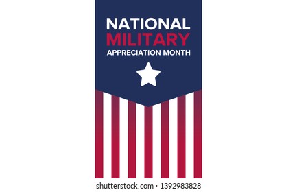 National Military Appreciation Month in May. Annual Armed Forces Celebration Month in United States. Poster, card, banner and background. Vector illustration