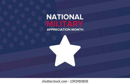 National Military Appreciation Month in May. Annual Armed Forces Celebration Month in United States. Poster, card, banner and background. Vector illustration