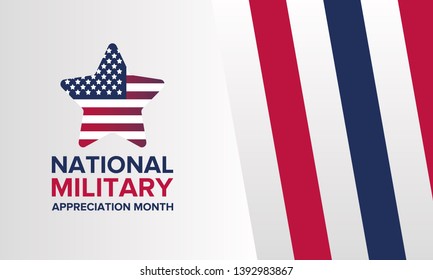 National Military Appreciation Month in May. Annual Armed Forces Celebration Month in United States. Poster, card, banner and background. Vector illustration