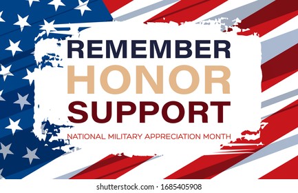 National Military Appreciation Month in May. Celebrated every May and is a declaration that encourages U.S. citizens to observe the month in a symbol of unity. Poster, card, banner, background design.