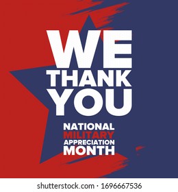 National Military Appreciation Month in May. Annual Armed Forces Celebration Month in United States. Patriotic american elements. Poster, card, banner and background. Vector illustration