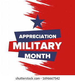 National Military Appreciation Month in May. Annual Armed Forces Celebration Month in United States. Patriotic american elements. Poster, card, banner and background. Vector illustration