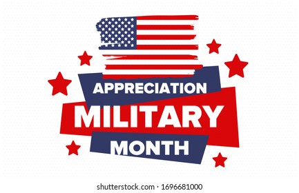 National Military Appreciation Month in May. Annual Armed Forces Celebration Month in United States. Patriotic american elements. Poster, card, banner and background. Vector illustration