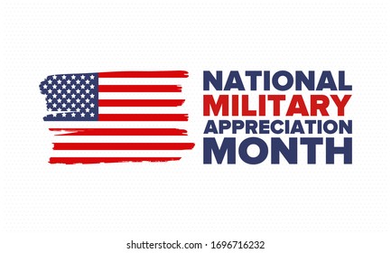 National Military Appreciation Month in May. Annual Armed Forces Celebration Month in United States. Patriotic american elements. Poster, card, banner and background. Vector illustration