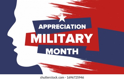 National Military Appreciation Month in May. Annual Armed Forces Celebration Month in United States. Patriotic american elements. Poster, card, banner and background. Vector illustration