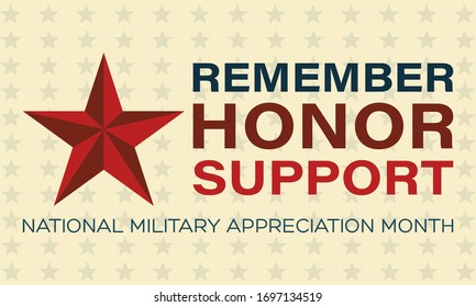 National Military Appreciation Month in May. Celebrated every May and is a declaration that encourages U.S. citizens to observe the month in a symbol of unity. Poster, card, banner, background design.