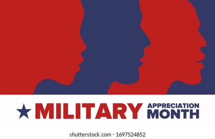 National Military Appreciation Month in May. Annual Armed Forces Celebration Month in United States. Patriotic american elements. Poster, card, banner and background. Vector illustration