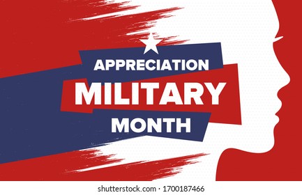 National Military Appreciation Month in May. Annual Armed Forces Celebration Month in United States. Patriotic american elements. Poster, card, banner and background. Vector illustration