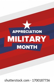 National Military Appreciation Month in May. Annual Armed Forces Celebration Month in United States. Patriotic american elements. Poster, card, banner and background. Vector illustration