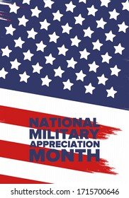 National Military Appreciation Month in May. Annual Armed Forces Celebration Month in United States. Patriotic american elements. Poster, card, banner and background. Vector illustration