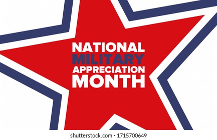 National Military Appreciation Month in May. Annual Armed Forces Celebration Month in United States. Patriotic american elements. Poster, card, banner and background. Vector illustration