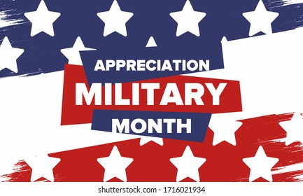 National Military Appreciation Month in May. Annual Armed Forces Celebration Month in United States. Patriotic american elements. Poster, card, banner and background. Vector illustration