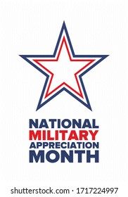 National Military Appreciation Month in May. Annual Armed Forces Celebration Month in United States. Patriotic american elements. Poster, card, banner and background. Vector illustration