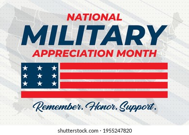National Military Appreciation Month in May. Celebrated every May and is a declaration that encourages U.S. citizens to observe the month in a symbol of unity. Social media banner design. Vector