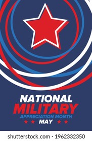 National Military Appreciation Month in May. Annual Armed Forces Celebration Month in United States. Poster, card, banner and background. Vector illustration
