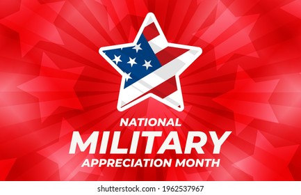 National Military Appreciation Month in May. Celebrated every May and is a declaration that encourages U.S. citizens to observe the month in a symbol of unity. Social media banner design. Vector 