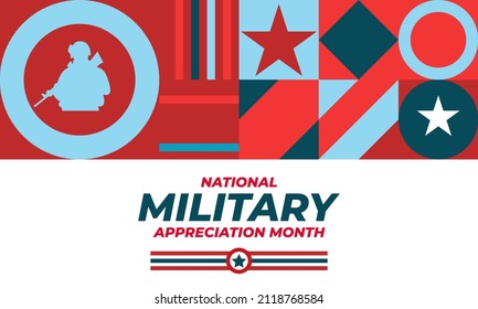 National Military Appreciation Month in May. Celebrated every May and is a declaration that encourages U.S. citizens to observe the month in a symbol of unity. Social media banner design. Vector .