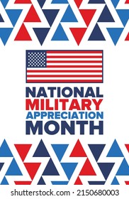National Military Appreciation Month in May. Annual Armed Forces Celebration Month in United States. Poster, card, banner and background. Vector illustration