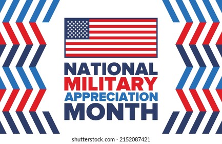 National Military Appreciation Month in May. Annual Armed Forces Celebration Month in United States. Poster, card, banner and background. Vector illustration