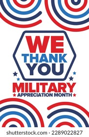 National Military Appreciation Month in May. Annual Armed Forces Celebration Month in United States. Poster, card, banner and background. Vector illustration