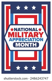 National Military Appreciation Month in May. Annual Armed Forces Celebration Month in United States. Poster, card, banner and background. Vector illustration
