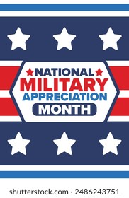 National Military Appreciation Month in May. Annual Armed Forces Celebration Month in United States. Poster, card, banner and background. Vector illustration