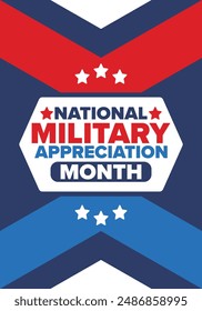 National Military Appreciation Month in May. Annual Armed Forces Celebration Month in United States. Poster, card, banner and background. Vector illustration