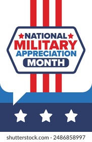 National Military Appreciation Month in May. Annual Armed Forces Celebration Month in United States. Poster, card, banner and background. Vector illustration