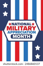 National Military Appreciation Month in May. Annual Armed Forces Celebration Month in United States. Poster, card, banner and background. Vector illustration