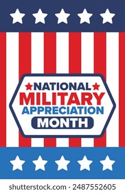 National Military Appreciation Month in May. Annual Armed Forces Celebration Month in United States. Poster, card, banner and background. Vector illustration