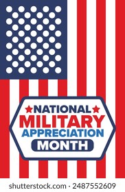National Military Appreciation Month in May. Annual Armed Forces Celebration Month in United States. Poster, card, banner and background. Vector illustration