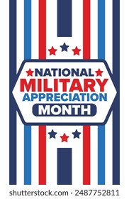 National Military Appreciation Month in May. Annual Armed Forces Celebration Month in United States. Poster, card, banner and background. Vector illustration