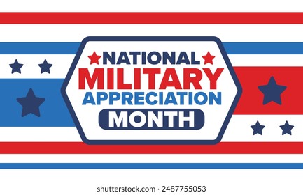 National Military Appreciation Month in May. Annual Armed Forces Celebration Month in United States. Poster, card, banner and background. Vector illustration