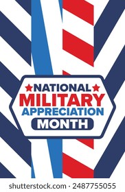 National Military Appreciation Month in May. Annual Armed Forces Celebration Month in United States. Poster, card, banner and background. Vector illustration