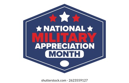 National Military Appreciation Month in May. Annual Armed Forces Celebration Month in United States. Poster, card, banner and background. Vector illustration