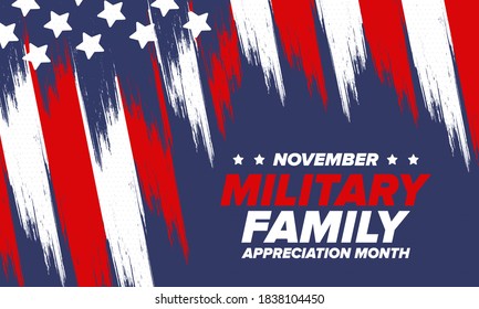 National Military Family Month in United States. Celebrate annual in November. Thank you for military family. Patriotic american elements. Poster, card, banner, background. Vector illustration