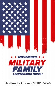 National Military Family Month in United States. Celebrate annual in November. Thank you for military family. Patriotic american elements. Poster, card, banner, background. Vector illustration