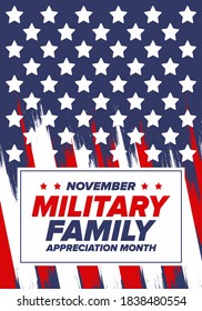 National Military Family Month in United States. Celebrate annual in November. Thank you for military family. Patriotic american elements. Poster, card, banner, background. Vector illustration