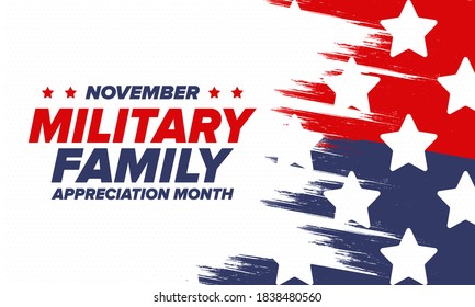 National Military Family Month in United States. Celebrate annual in November. Thank you for military family. Patriotic american elements. Poster, card, banner, background. Vector illustration