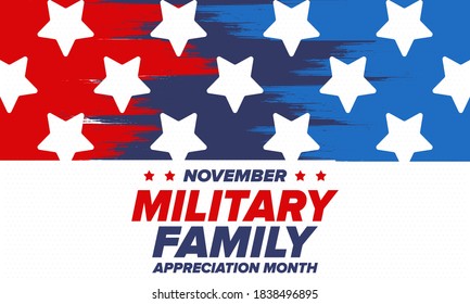 National Military Family Month in United States. Celebrate annual in November. Thank you for military family. Patriotic american elements. Poster, card, banner, background. Vector illustration