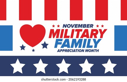 National Military Family Month in United States. Celebrate annual in November. Thank you for military family. Patriotic american elements. Poster, card, banner, background. Vector illustration