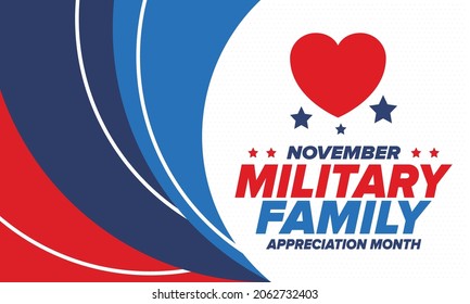 National Military Family Month in United States. Celebrate annual in November. Thank you for military family. Patriotic american elements. Poster, card, banner, background. Vector illustration