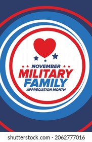 National Military Family Month in United States. Celebrate annual in November. Thank you for military family. Patriotic american elements. Poster, card, banner, background. Vector illustration