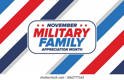 National Military Family Month in United States. Celebrate annual in November. Thank you for military family. Patriotic american elements. Poster, card, banner, background. Vector illustration