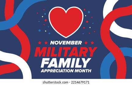 National Military Family Month in United States. Celebrate annual in November. Thank you for military family. Patriotic american elements. Poster, card, banner, background. Vector illustration