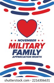 National Military Family Month in United States. Celebrate annual in November. Thank you for military family. Patriotic american elements. Poster, card, banner, background. Vector illustration