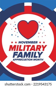 National Military Family Month in United States. Celebrate annual in November. Thank you for military family. Patriotic american elements. Poster, card, banner, background. Vector illustration